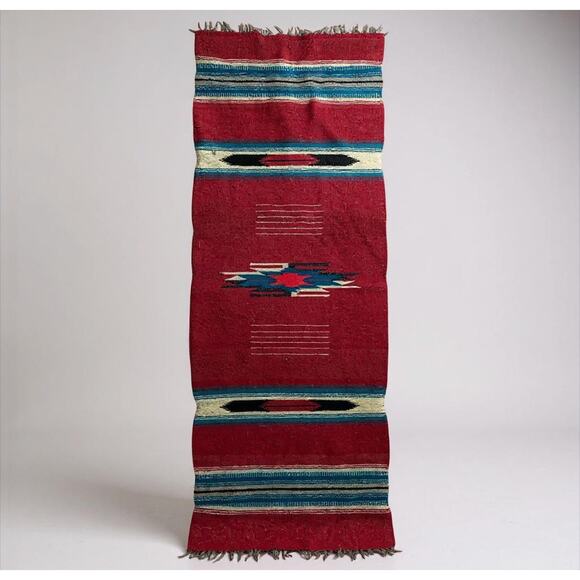 Vintage Handwoven Mexican Table Runner Red Southwestern Serape 54x17 Boho Decor - Picture 1 of 9